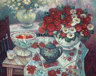 Still Life Flowers, Fruit And A Teapot, 1994