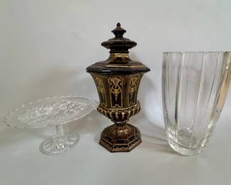 Group Of Decorative Glassware: Painted Luster Urn, Crystal Vase, And Pedestal Candy Dish