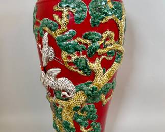 Red Chinese Floor Vase With Cranes And Bonsai Motifs
