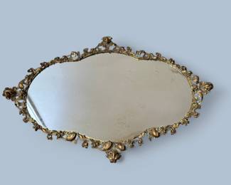 Large Floral Gilt Metal Mirrored Vanity Tray
