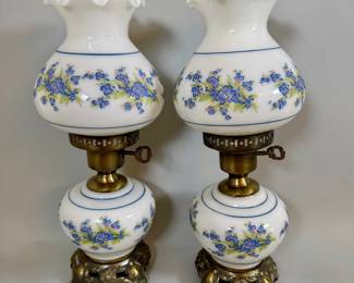 Pair Of Brass And Painted Milk Glass Hurricane Lamps