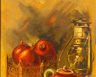 M. Ramazany, Still Life Pomegranates And Kerosene Lamp, 20th Century