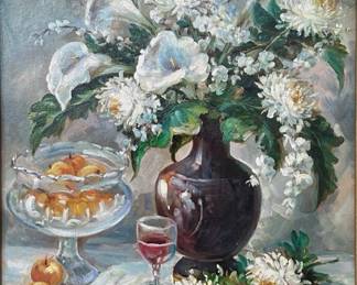 D. Marcello, Floral Still Life With Fruit And Wine, 20th Century