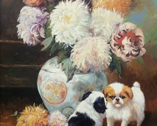 P. English, Floral Still Life With Shitzus, 20th Century