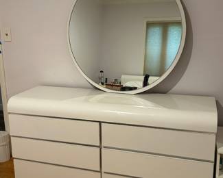 1980s Formica White Six Drawer Double Dresser With Mirror -PICKUP AUGUST 4th - NO MOVERS AVAILABLE