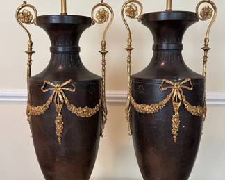 Pair Of Empire Style Patinated And Gilt Metal Urn Shape Table Lamps, Modern