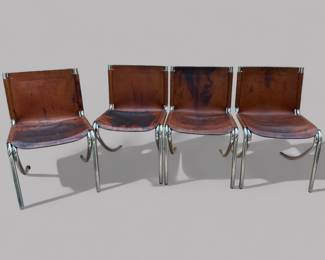 Set Of Midcentury Modern Leather Sling Chairs With Metal Base (4)