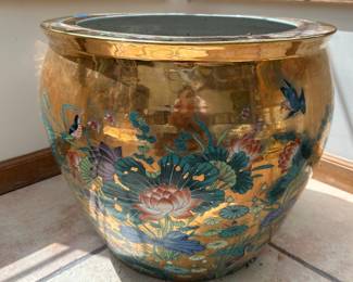 Vintage Gold And Polychrome Floral Fishbowl Planter On Stand