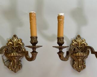 Pair Of Victorian Revival Style Double Arm Brass Sconces, 20th Century