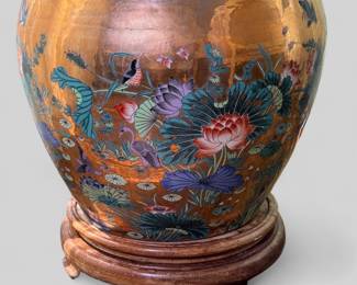 Vintage Gold And Polychrome Floral Fishbowl Planter On Stand
