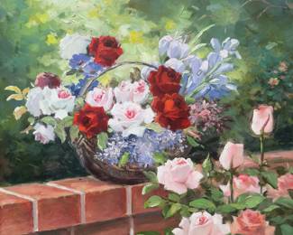 Pisaski, Still Life Basket Of Flowers On Brick Wall, 20th Century