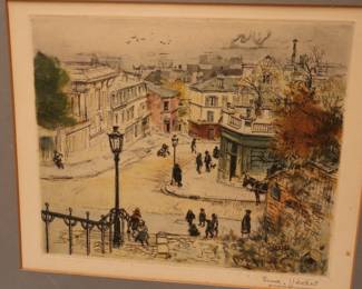 1920's Eugene Veder Hand Signed Antique Colored Etching Parisian Street Scene Paris