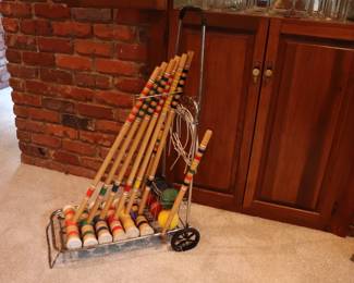 Vintage Croquet GAME SET WITH ROLLING CART
