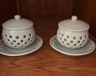 Korean Celedon Lidded Tea Cups and Saucers