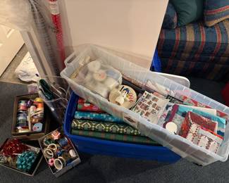 Sewing and craft supplies including wrapping paper