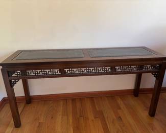 Asian Style Fretwork Sofa Table with glass panels. Matches coffee table