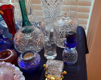 Beautiful clear Chrystal Vases, Pitchers, boxes, covered jars, rose bowl; cobalt blue Snowman, cobalt blue candle holder