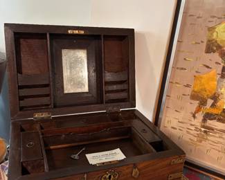Bangladesh Money Box with inlaid brass hardware, key, drawers