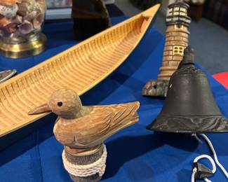 Lighthouse bell, Pelican on dock post, Model Birch Bark Canoe