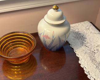 Amber Step Down Blenko Bowl (2), Otigirl Jar, beautiful table scarf