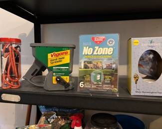 Lawn spreaders, hummingbird feeder, Animal repellant stations, bungees