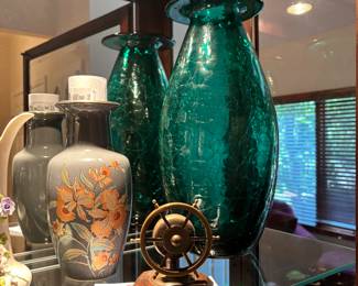 English Wheel Nutcracker, Vintage Japanese Shaddy Vase, Blenko Crackle Turq. Vase