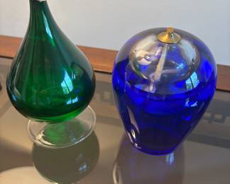 Green is beautiful hand blown Oil Lamp. Blue is Cobalt Blue Glass Oil Lamp