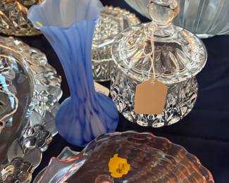 Beautiful blue hand blown vase, Covered Crystal Box, Depression glass shaped shell dishes