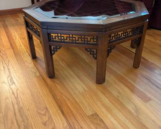 Asia Style Fret Work Glass Top Coffee Table
