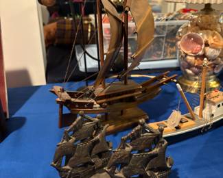 Shrimp Lobster Boat, Full Sail Ship, Cast Iron Ship bookends, Shell Lamp with shade