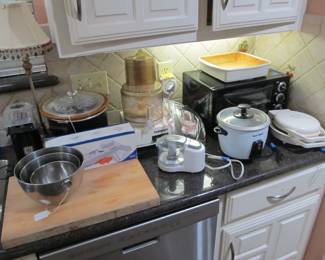 Full kitchen - small appliances, glassware, gadgets, utensils, cast iron, pots and pans sets, cook books, and more