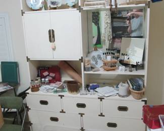 Large selection of sewing and craft supplies, including leather leather-making kit and tools.