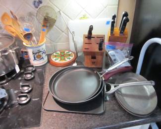 Full kitchen - small appliances, glassware, gadgets, utensils, cast iron, pots and pans sets, cookbooks, and more