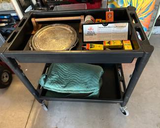 Two tier rolling black garage cart, so handy and helpful, fun cleaning kit
