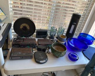 Cobalt blue glassware, Ion fan, radio alarm clock