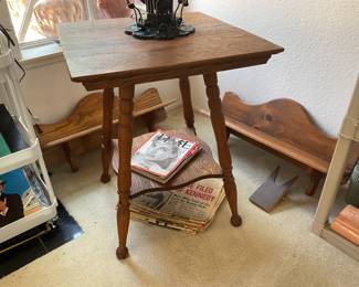 Square table plant table needs tightening up, wall shelves, vintage mags and newspapers
