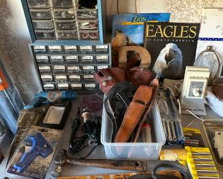 Leather holders both knife and gun, socket set, garage miscellaneous drawer unit holders,