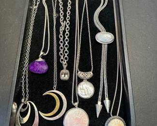 Medium to long necklaces mostly sterling, mother of pearl, carved bone, citrine, etc.