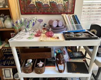Sewing machine drawers, hand painted stemware, desktop zen garden