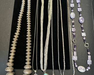 Huge necklace of round silver beads and other sterling long chains