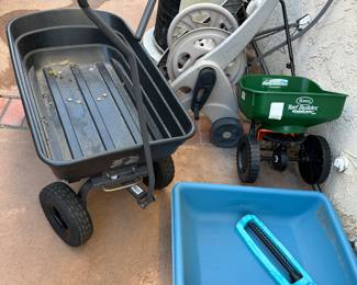 Great wheelbarrow cart, seed sower, hose reel,