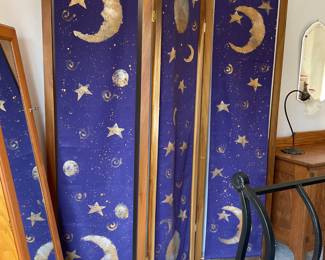 Three fold screen is wood frame with fabric inserts, easy change out for your fabric choice