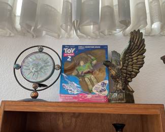 Large brass eagle, candle holder glass art sun face