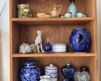Sake set, blue and white decor, ginger jar, art glass perfume, etc.