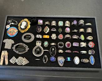Sterling rings with assorted stones, pins