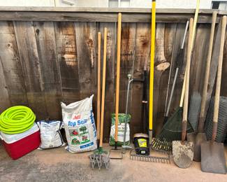 Yard tools, hose, soil,