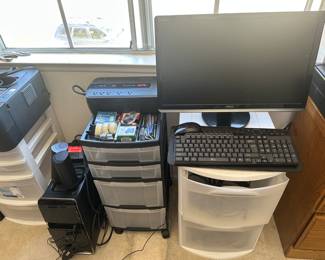 Entire Computer system mostly hooked up, choice of speakers, power source, cords, storage containers, monitor, etc.