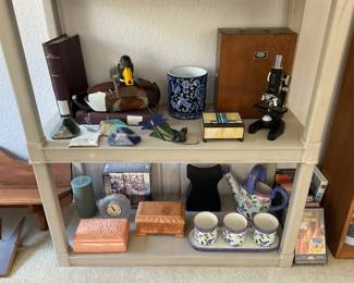 Vintage telescope in box, Quacker duck telephone, leaded glass box and night light, porcelain boxes, etc.