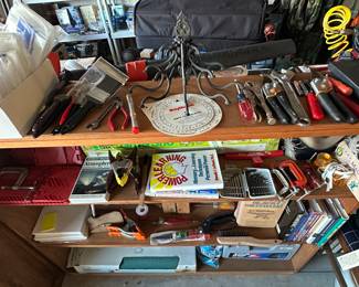 Five hook wall unit, clamps, chains, brushes, etc.