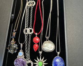 Lapis, mother of pearl, purpurite, spiny oyster shell, labradorite, etc long necklaces on sterling chains